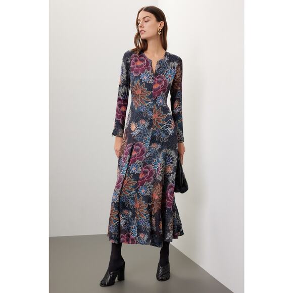 FARM RIO Blue Floral A-Line Long Sleeve Front Zipper Maxi Dress sz Extra Large - Picture 1 of 16